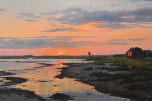 Reproducerad akvarell/giclée - Solen går ner över Kapelludden på östra Ölands kust